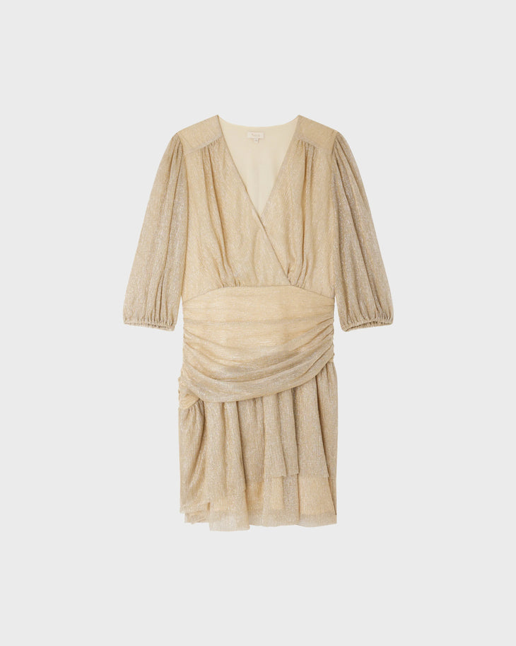 Woman wearing beige wrap dress with ruched waist and three-quarter sleeves — Pablo | Endless UAE