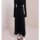 Black long-sleeve wrap midi dress with cutout details and white slide sandals — A.L.C | Endless UAE