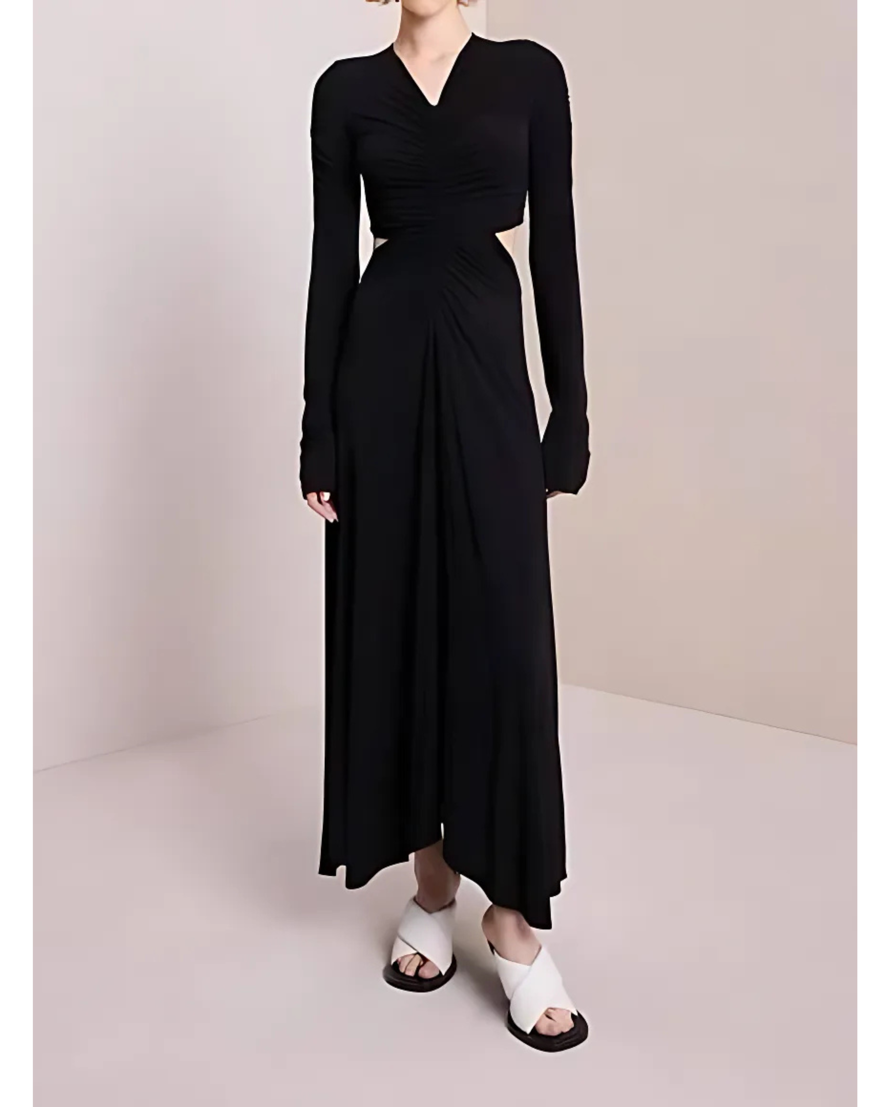 Black long-sleeve wrap midi dress with cutout details and white slide sandals — A.L.C | Endless UAE