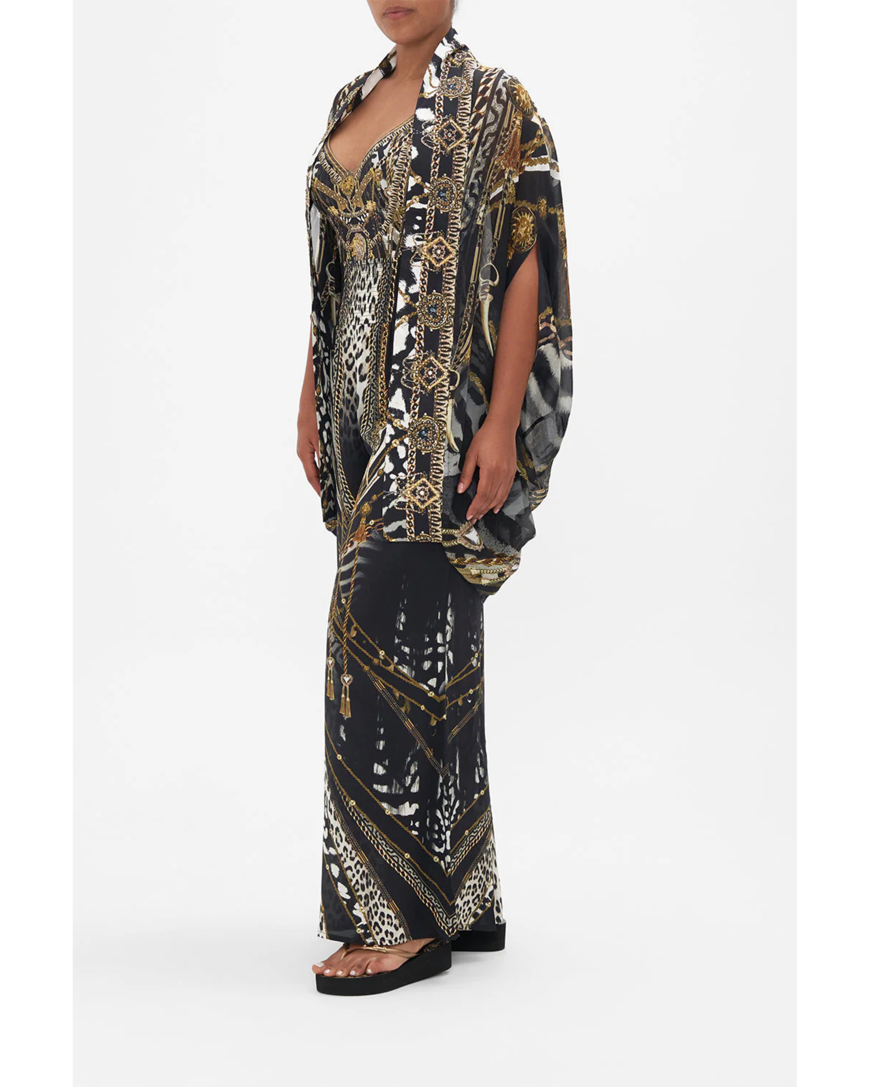 Ornate black and gold patterned co-ord set with chain and animal print details — Camilla | Endless UAE