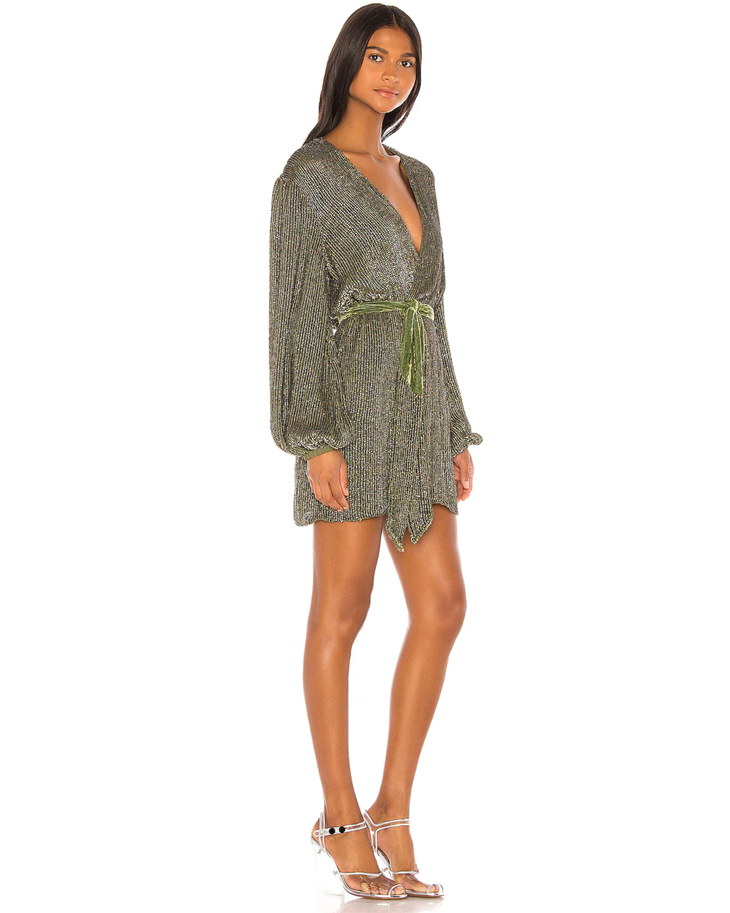 Shimmering olive green sequin wrap mini dress with long blouson sleeves, plunging V-neckline and tie waist belt — Retrofete | Endless UAE