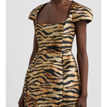 Tiger-striped structured mini dress with puff sleeves and ruched detail — De La Vali | Endless UAE