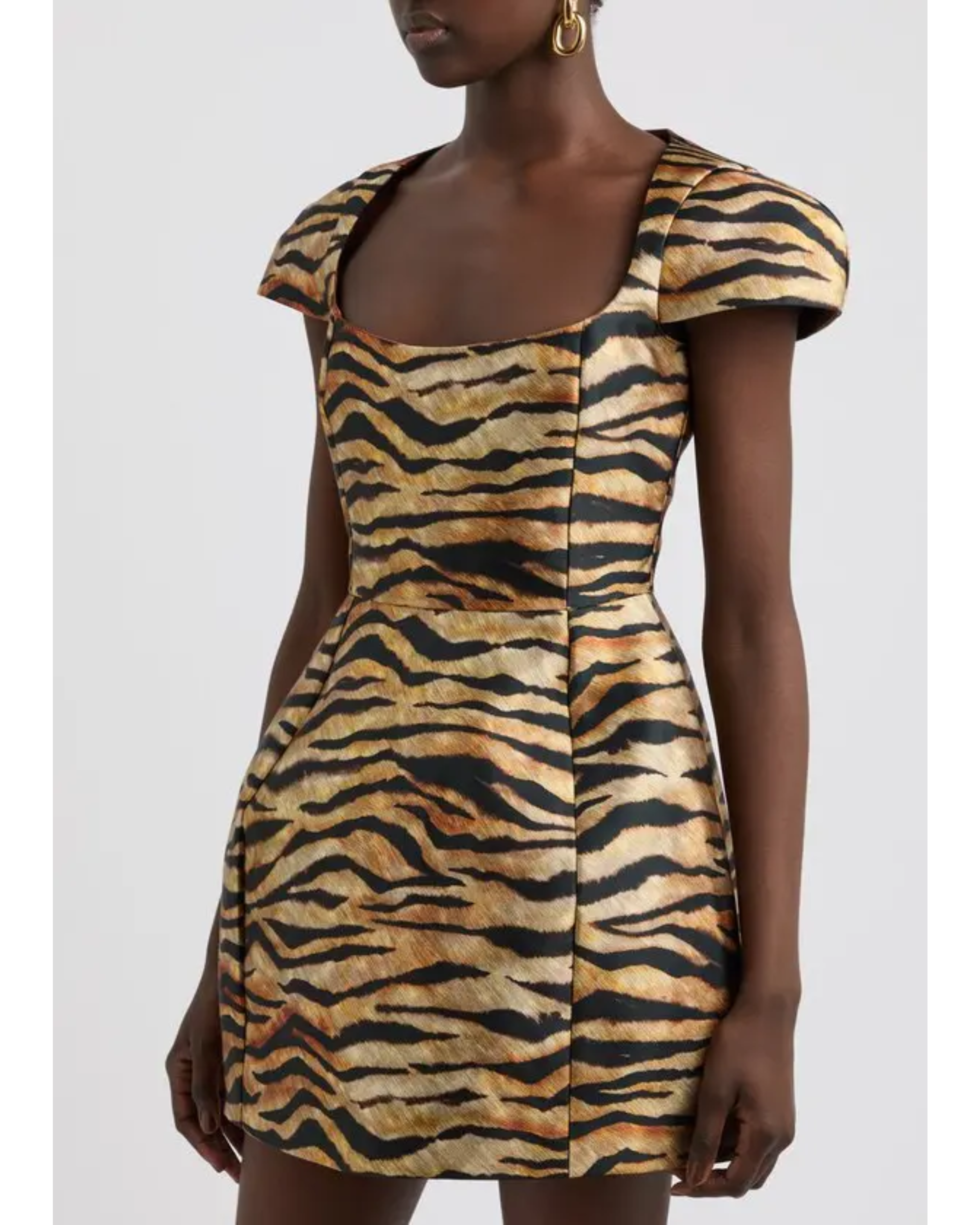 Tiger-striped structured mini dress with puff sleeves and ruched detail — De La Vali | Endless UAE