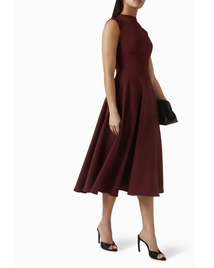 Burgundy sleeveless fit and flare midi dress with high neck and full skirt — Odd Muse | Endless UAE