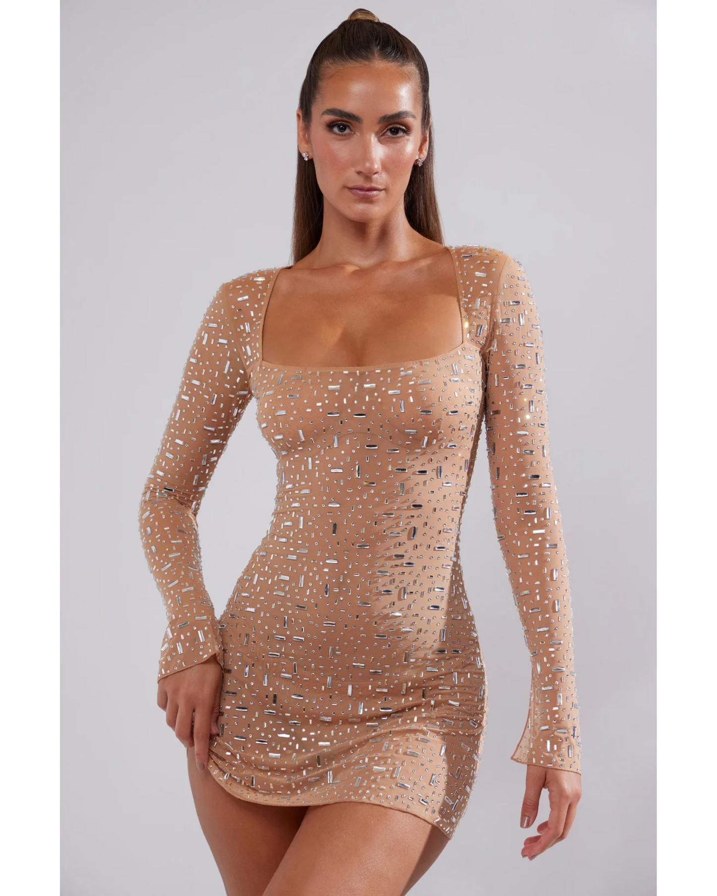 Zeta Sheer Embellished Long Sleeve A-Line Mini Dress