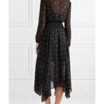 Black printed silk georgette maxi dress with long sleeves, cinched waist, and asymmetric handkerchief hem — Maje | Endless UAE