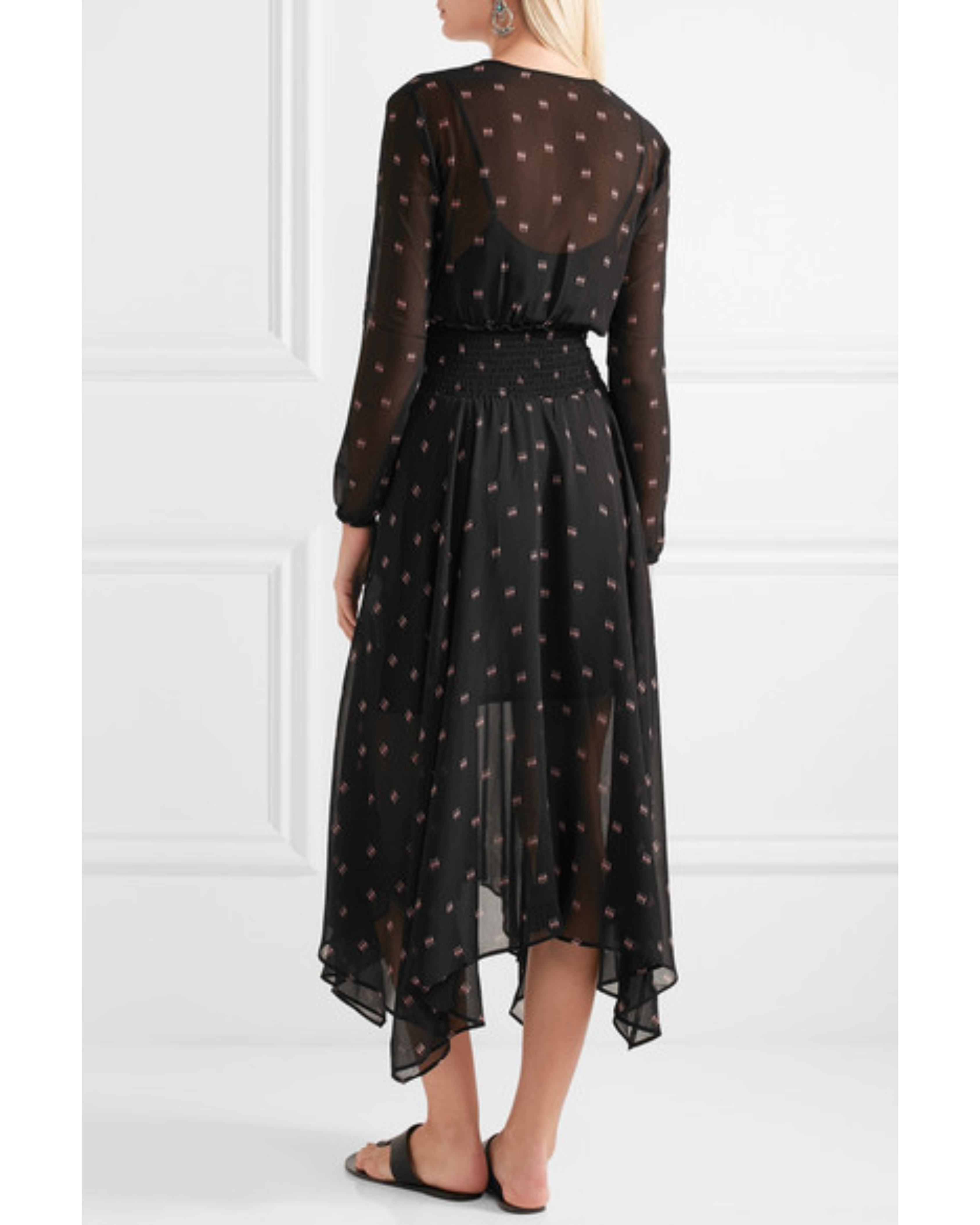 Black printed silk georgette maxi dress with long sleeves, cinched waist, and asymmetric handkerchief hem — Maje | Endless UAE