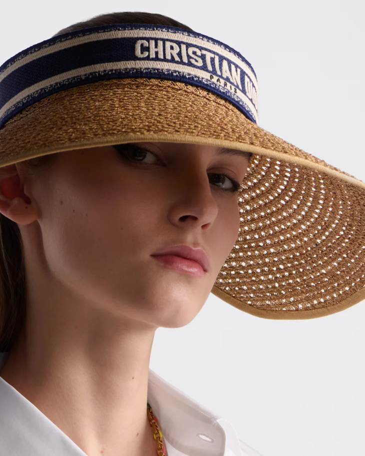 Tan woven visor with navy Christian Dior ribbon band and black toile scarf detail — Dior | Endless UAE