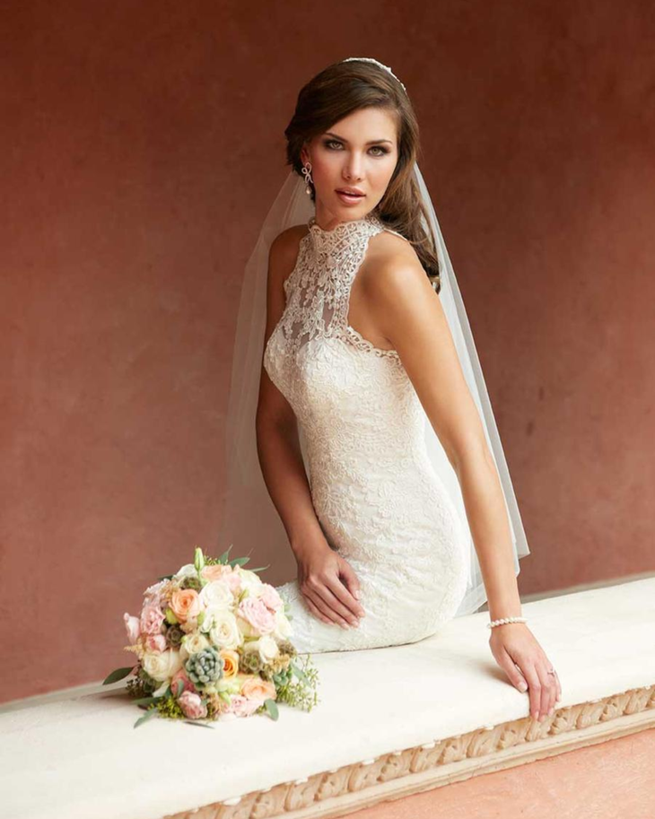 Elegant lace high-neck sleeveless wedding dress with illusion neckline and veil — Allure Romance | Endless UAE