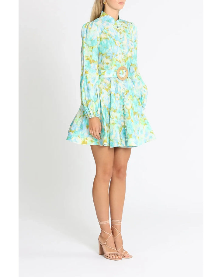 High Tide Button Mini Dress in aqua floral print with puff sleeves and woven belt — Zimmermann | Endless UAE