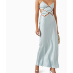 Light blue satin maxi dress with diamond cutout straps across torso and V-neckline — Bec & Bridge | Endless UAE