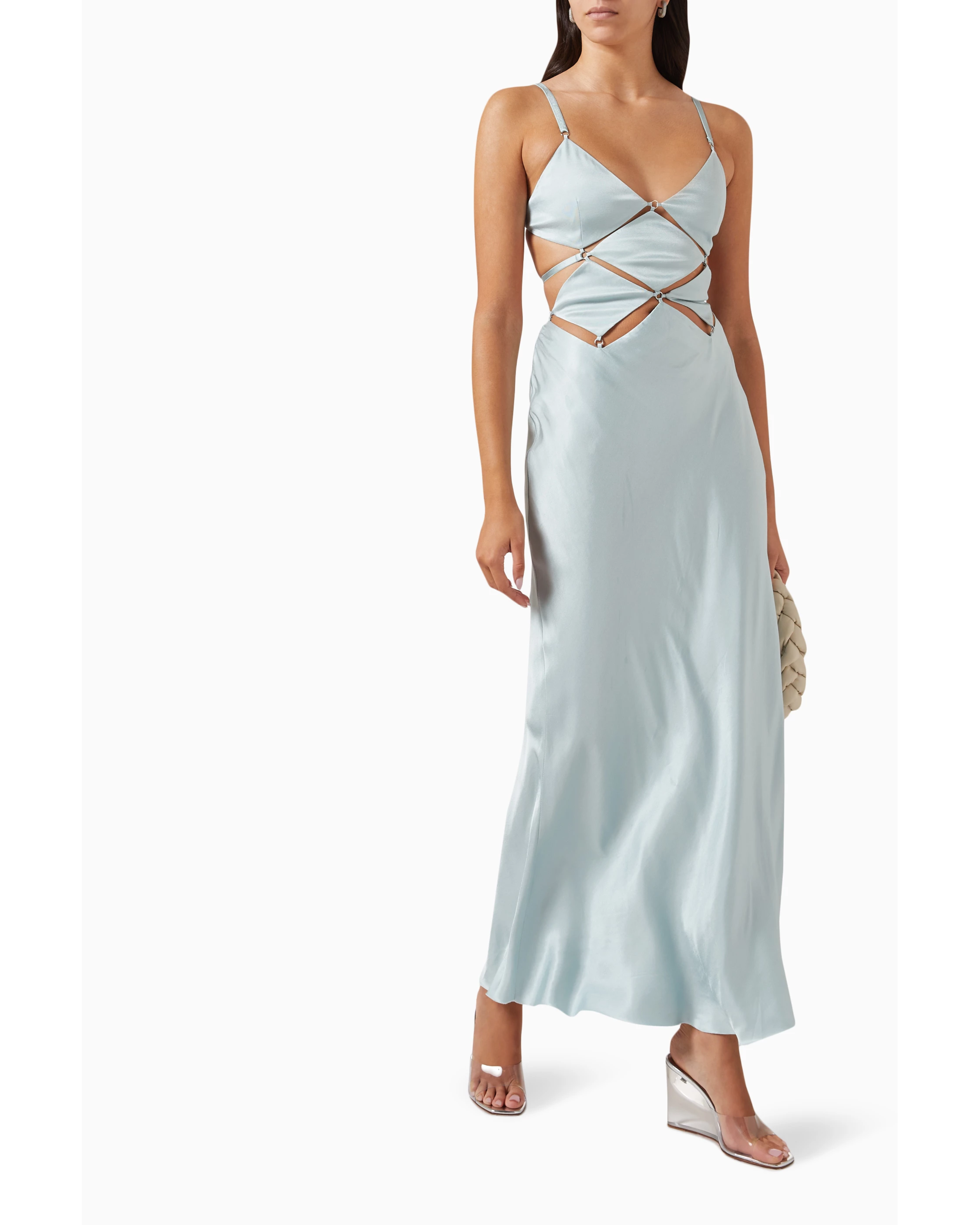 Light blue satin maxi dress with diamond cutout straps across torso and V-neckline — Bec & Bridge | Endless UAE