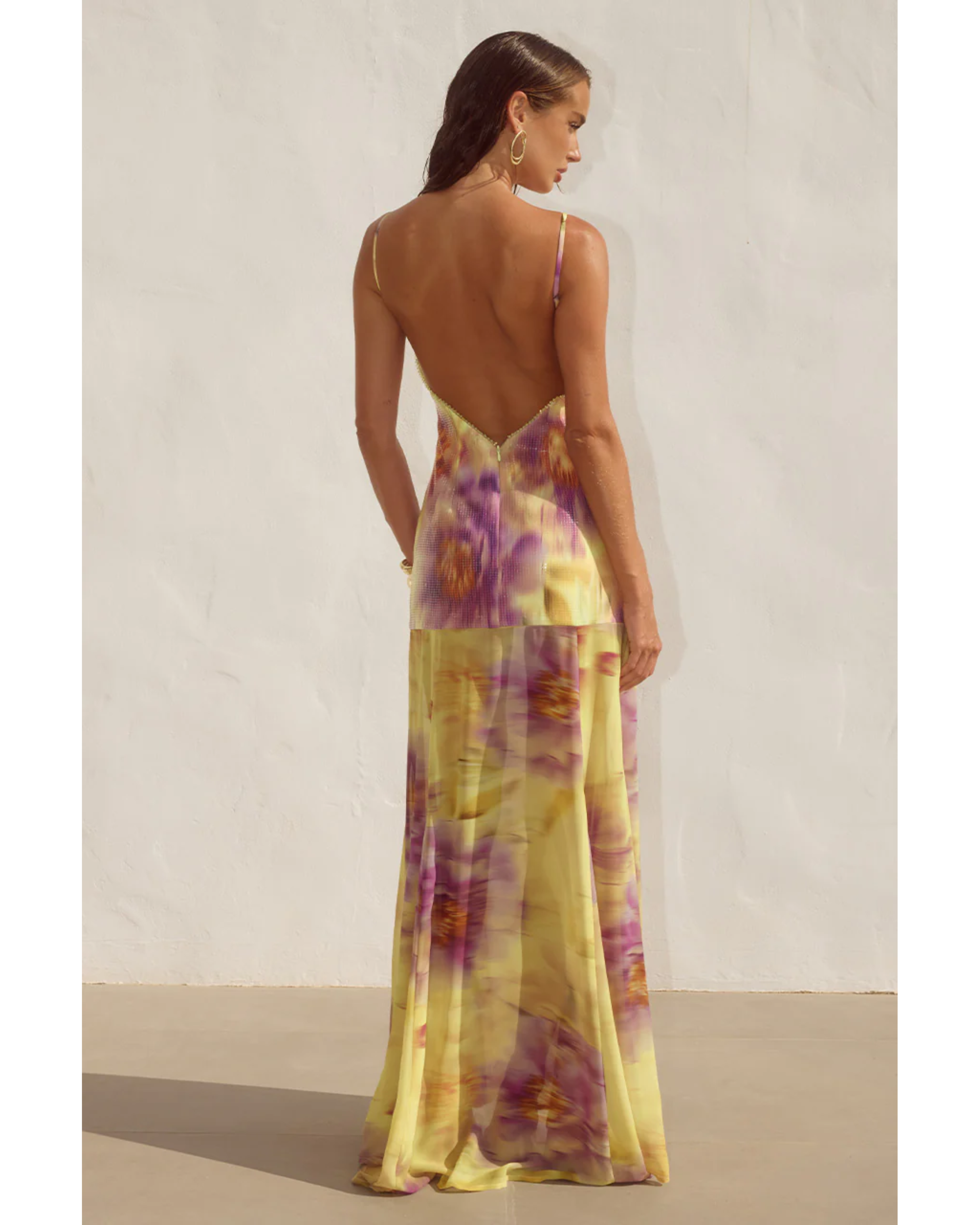 Tulia Low Back Maxi Dress in yellow and purple tie-dye print — Runaway The Label | Endless UAE