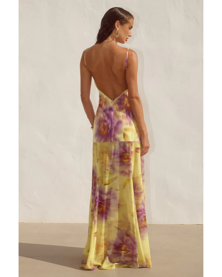 Tulia Low Back Maxi Dress in yellow and purple tie-dye print — Runaway The Label | Endless UAE