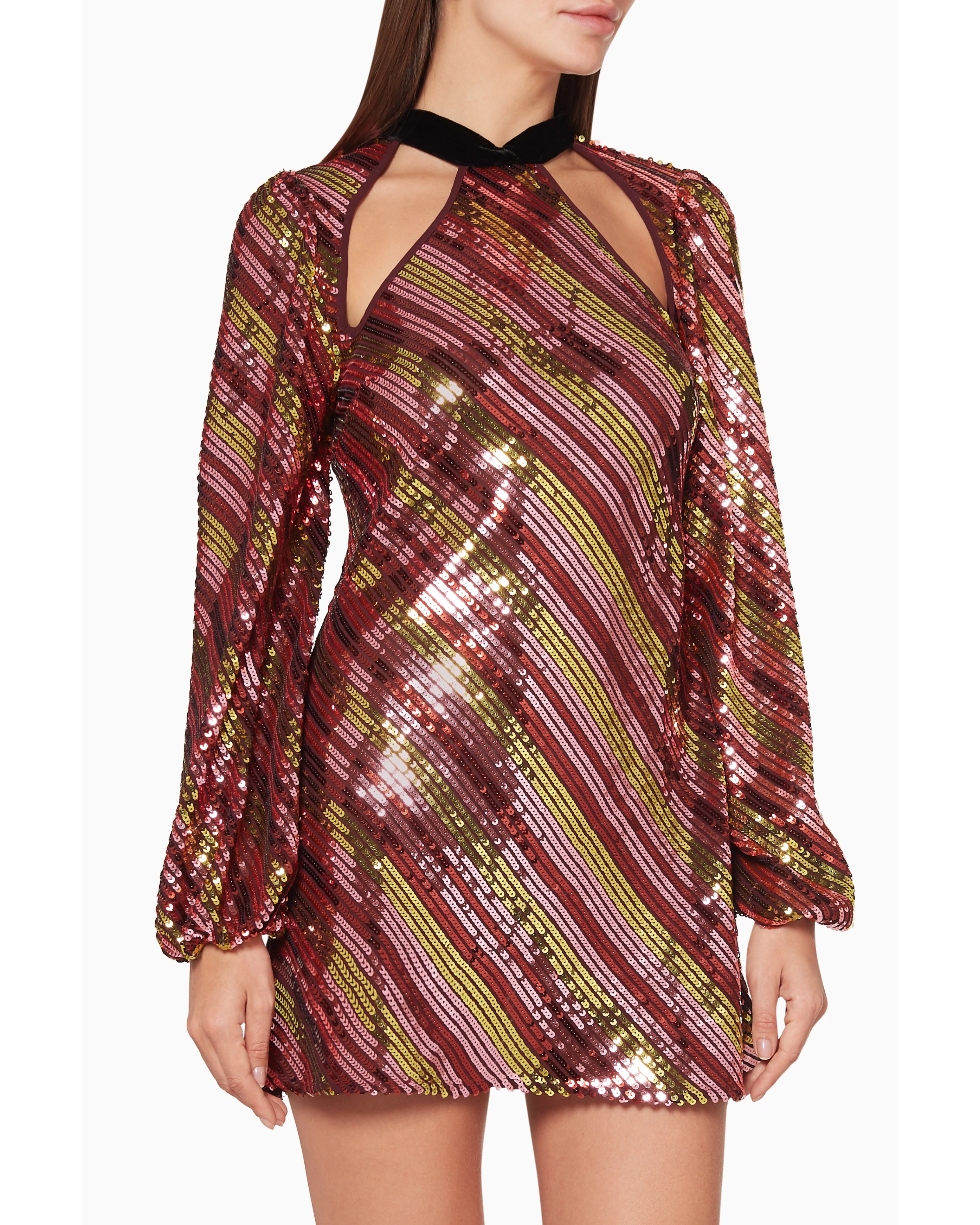 Harriet burgundy sequined mini dress with black velvet collar and cutout details — RIXO | Endless UAE