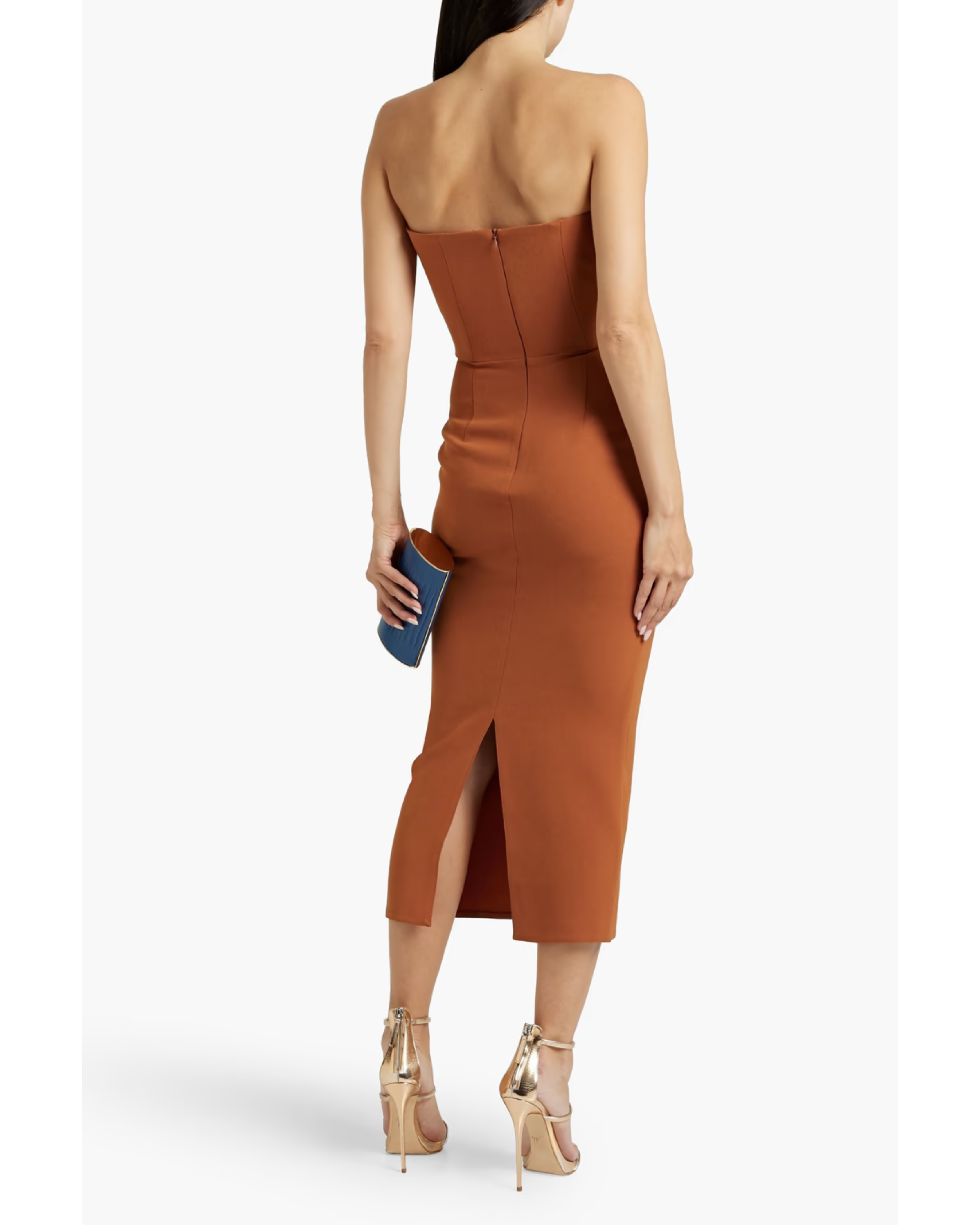 Woman modeling a rust-colored strapless stretch-crepe midi dress with strappy sandals — Alex Perry | Endless UAE