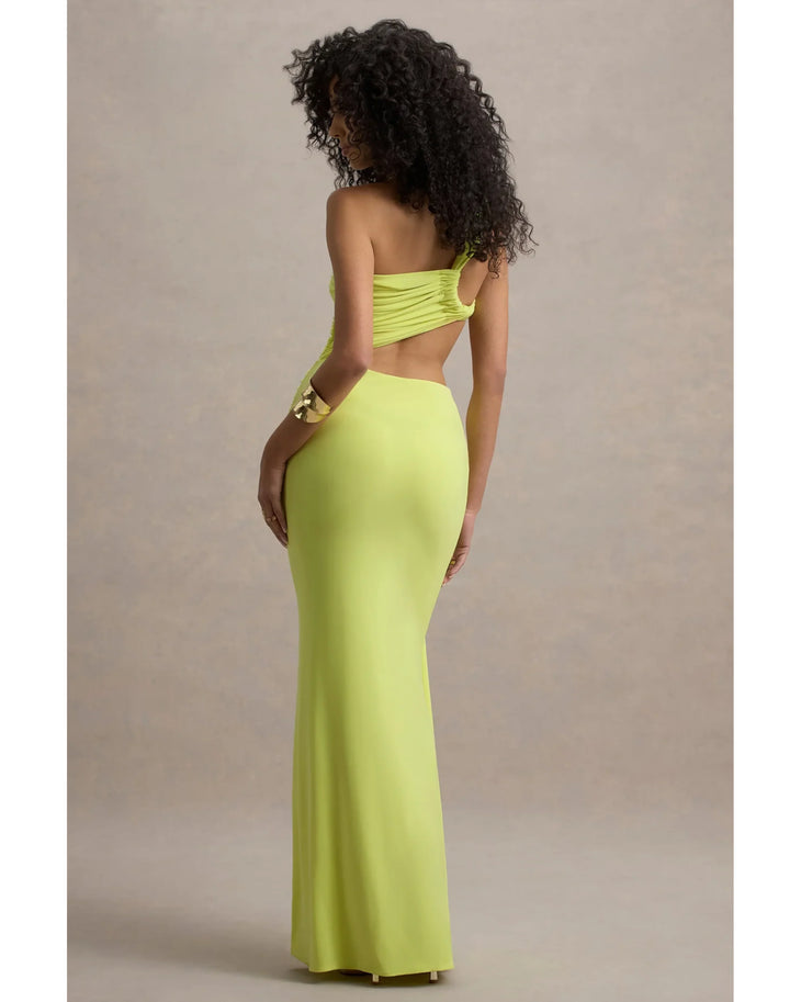 Neon yellow asymmetric maxi dress with one-shoulder neckline and wrap skirt detail — Club L London | Endless UAE