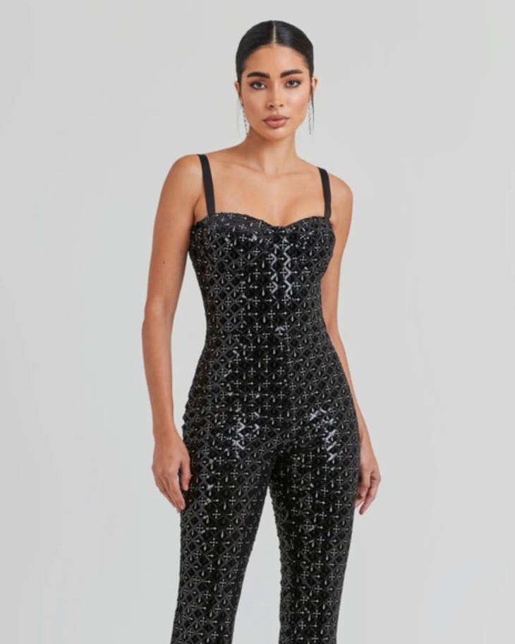Black embellished sleeveless jumpsuit with sweetheart neckline and fitted silhouette — Nadine Merabi | Endless UAE