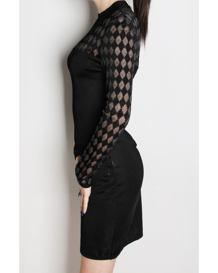 Black lace mini dress with sheer geometric patterned sleeves and solid bodice, side profile view — Balmain | Endless UAE