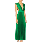 Woman wearing sleeveless green pleated maxi dress with deep V-neckline and cinched waist — L'IDÉE | Endless UAE