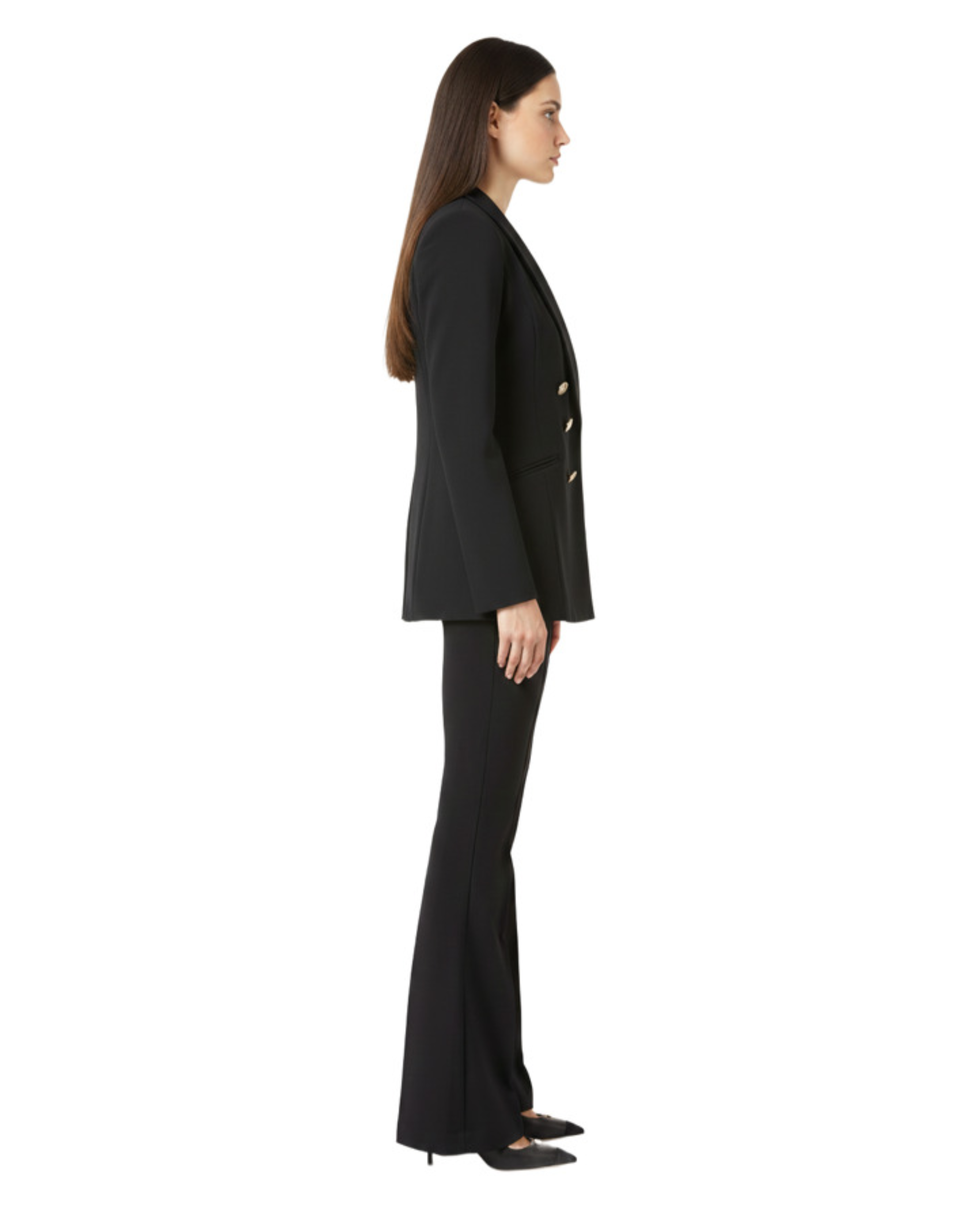 Woman in black double-breasted blazer with shawl lapel and flared pants, side view — Elisabetta Franchi | Endless UAE