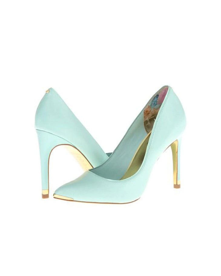 Thaya light blue pointed toe high heel with gold heel and toe cap detail — Ted Baker | Endless UAE