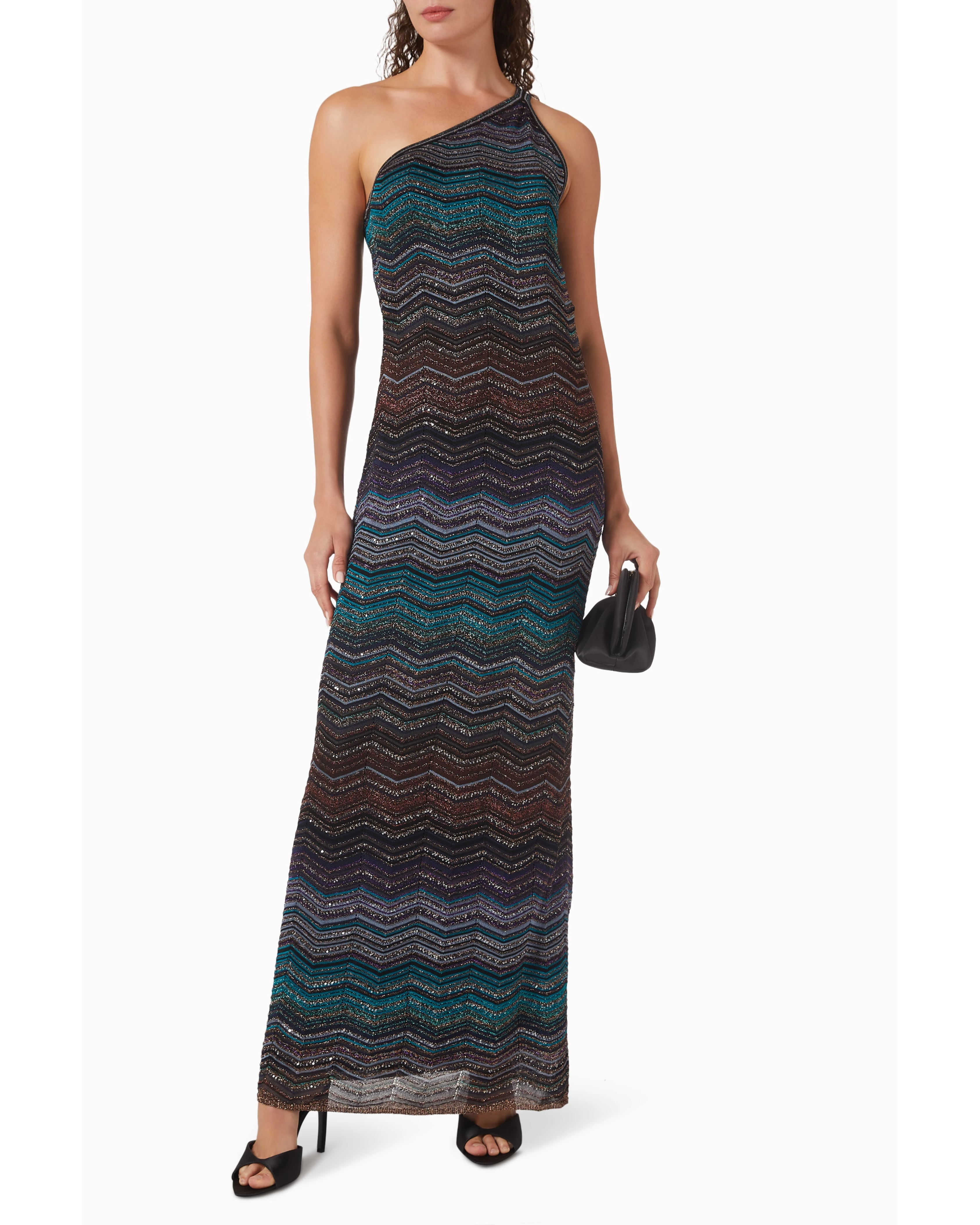 Embellished one-shoulder maxi dress with chevron pattern in teal and multicolor — Missoni | Endless UAE