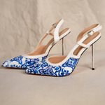 Blue and white porcelain print slingback pumps with metallic stiletto heels — Subashini Heels | Endless UAE