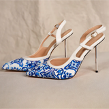 Blue and white porcelain print slingback pumps with metallic stiletto heels — Subashini Heels | Endless UAE