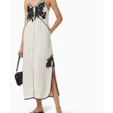 Halayna Embroidered Dress in cream with black floral embroidery and button front — Scarlet Poppies | Endless UAE