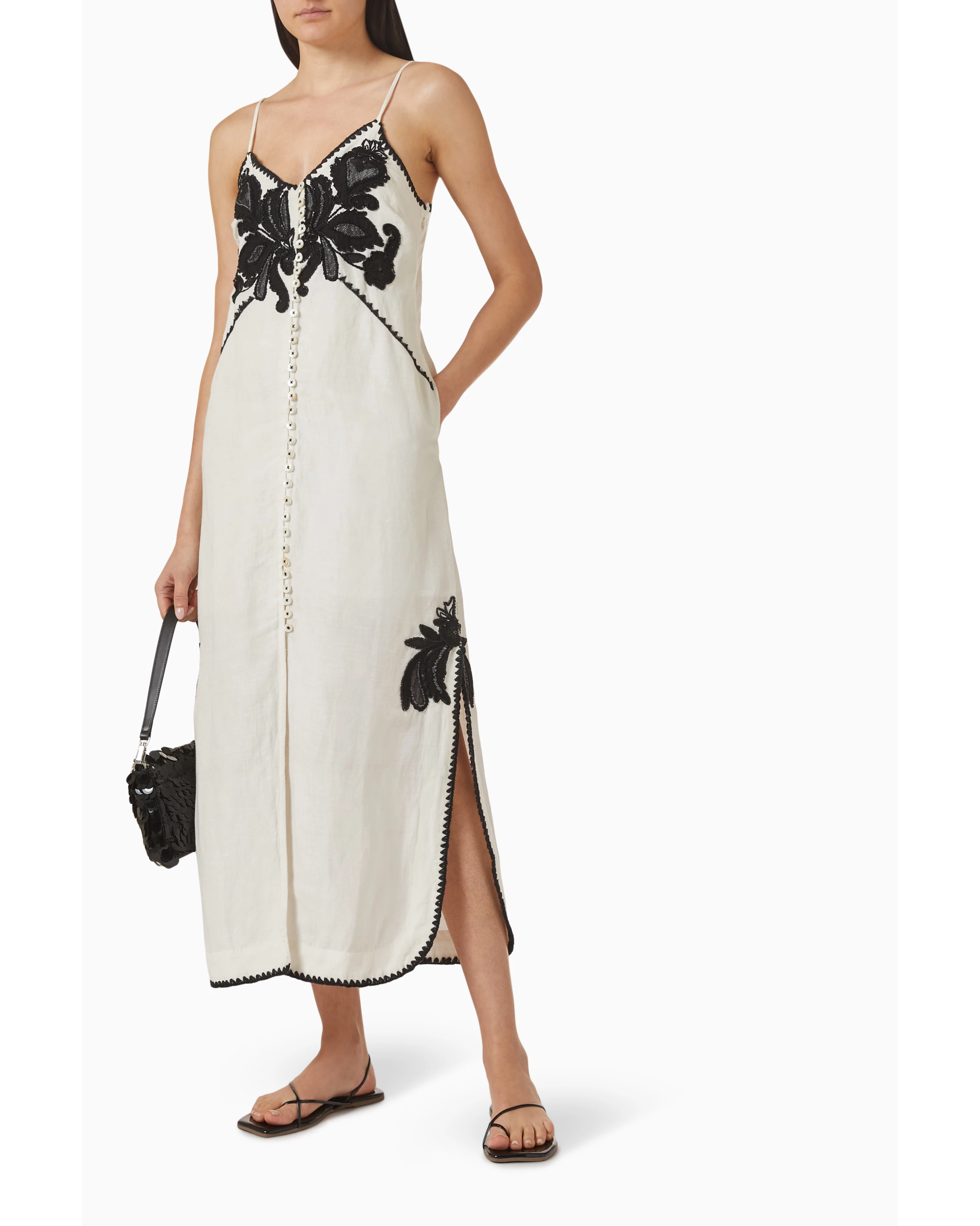 Halayna Embroidered Dress in cream with black floral embroidery and button front — Scarlet Poppies | Endless UAE