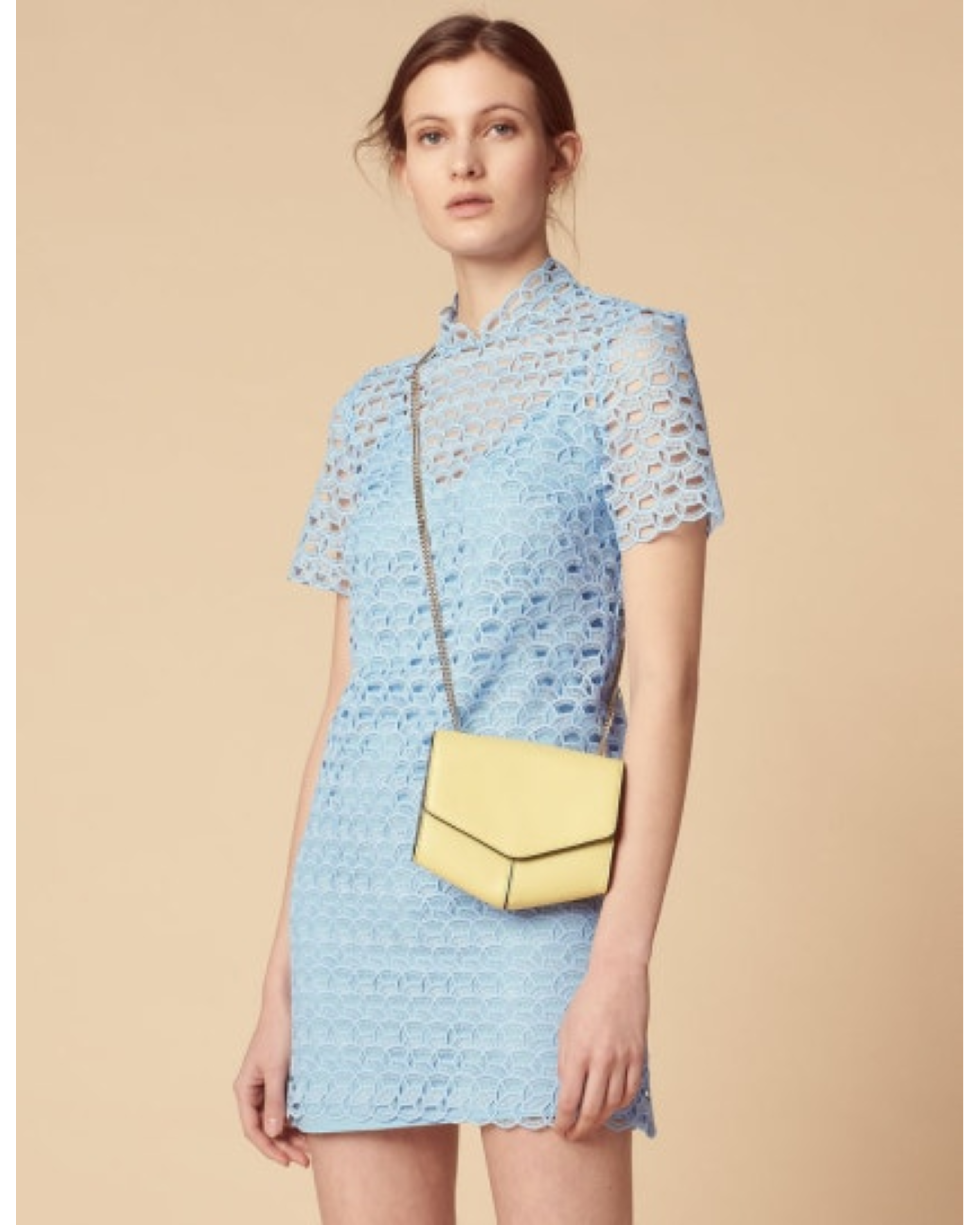 Light blue lace short-sleeve mini dress with neck tie detail — Sandro | Endless UAE