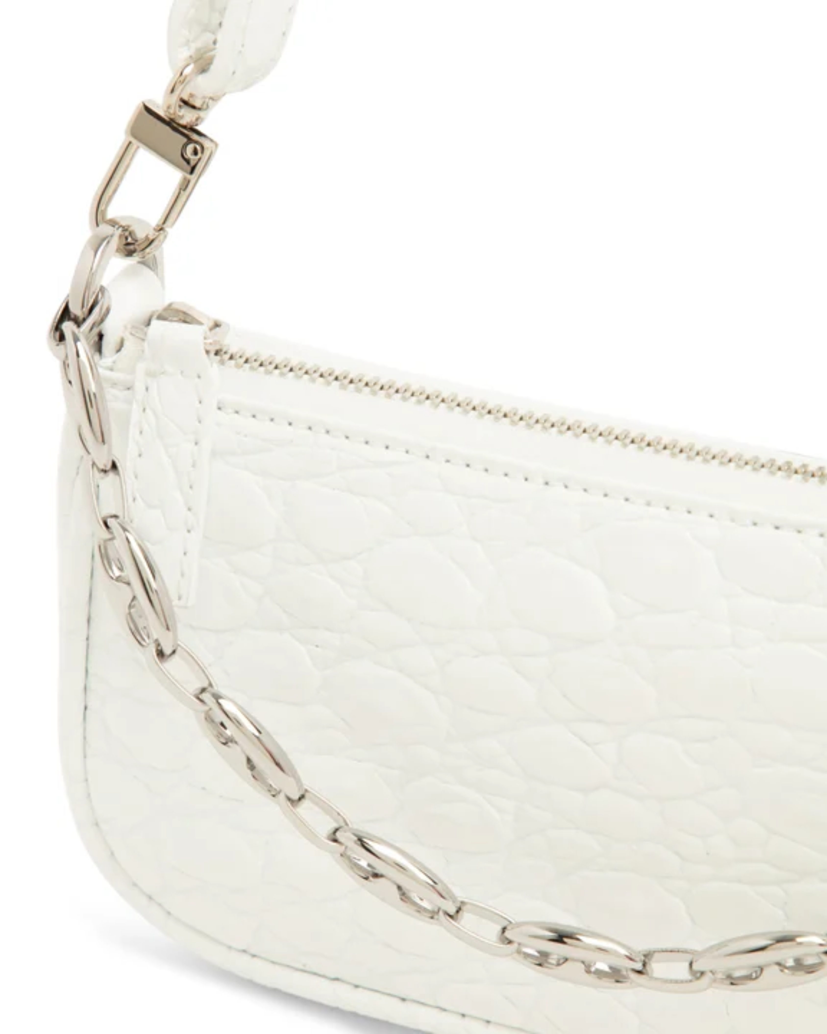 White quilted mini shoulder bag with silver hardware held up against neutral background — By Far | Endless UAE