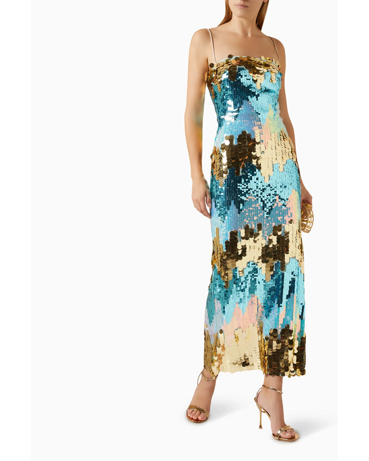 Woman wearing a sequined strapless midi dress in turquoise, gold and bronze — The New Arrivals | Endless UAE