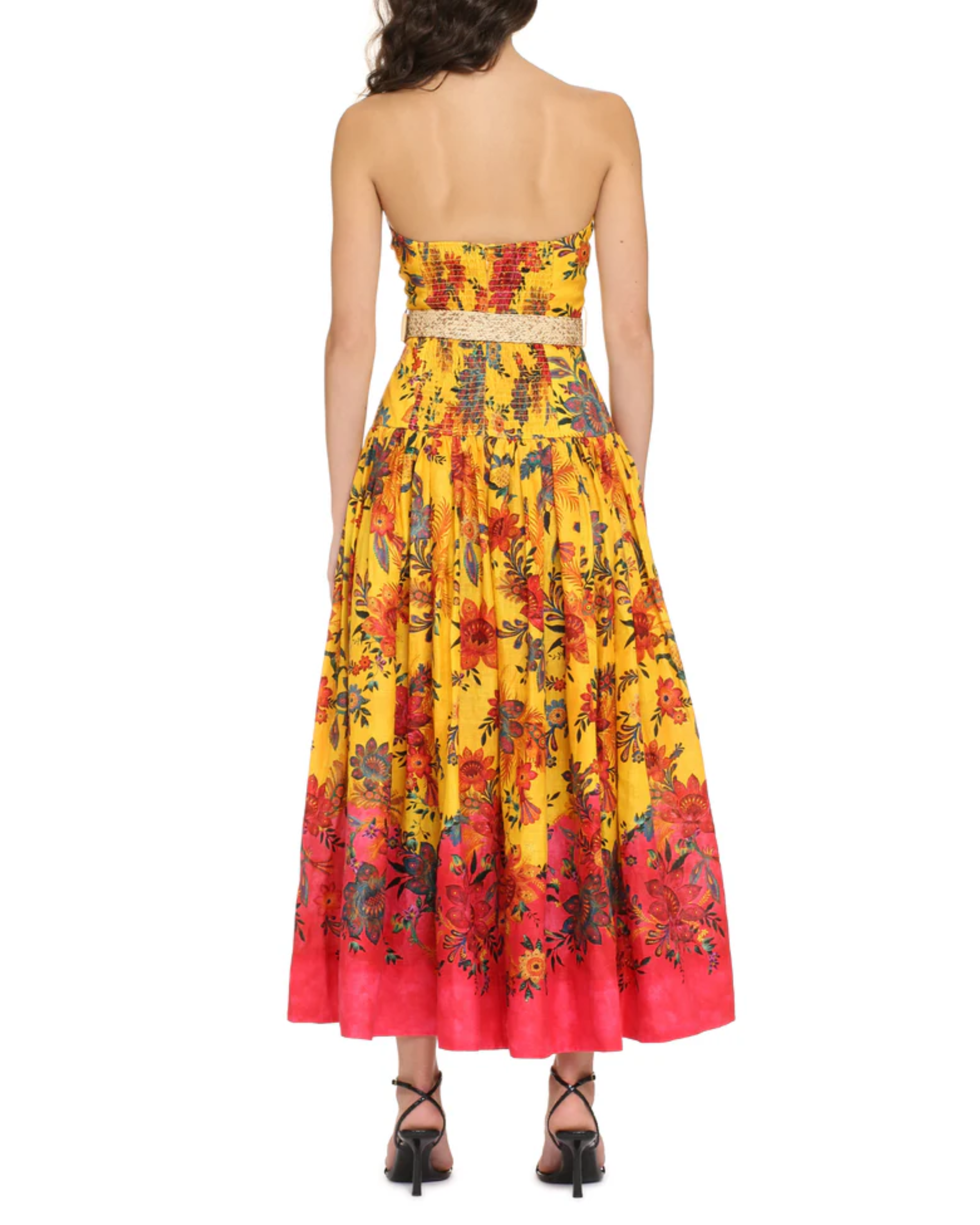Yellow floral printed strapless linen midi dress with pink ombre hem and beaded belt — Zimmermann | Endless UAE