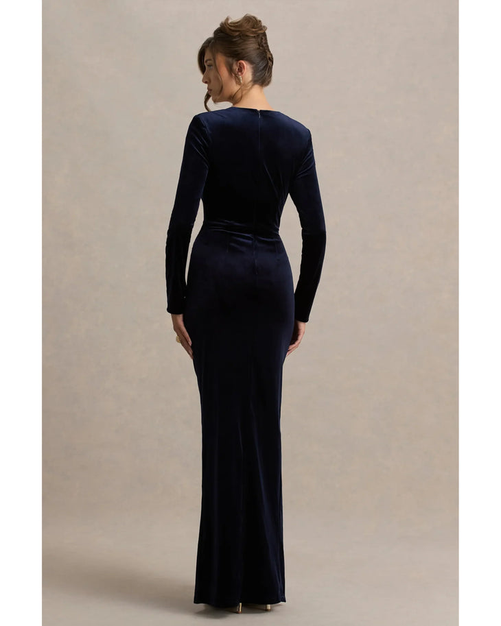 Navy velvet corset maxi dress with long sleeves and side slit — Club L London | Endless UAE
