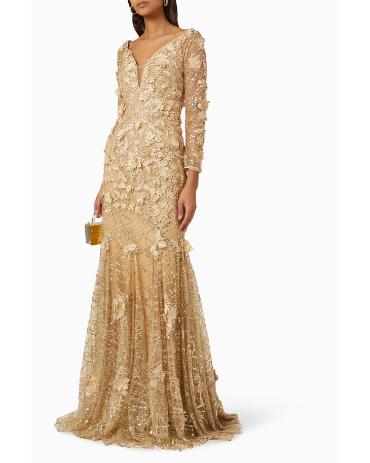 Gold floral-embroidered long-sleeve maxi dress with V-neckline — Jovani | Endless UAE