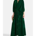 Woman wearing a forest green silk velvet maxi dress with draped sleeves and embroidered details — Themis-Z | Endless UAE