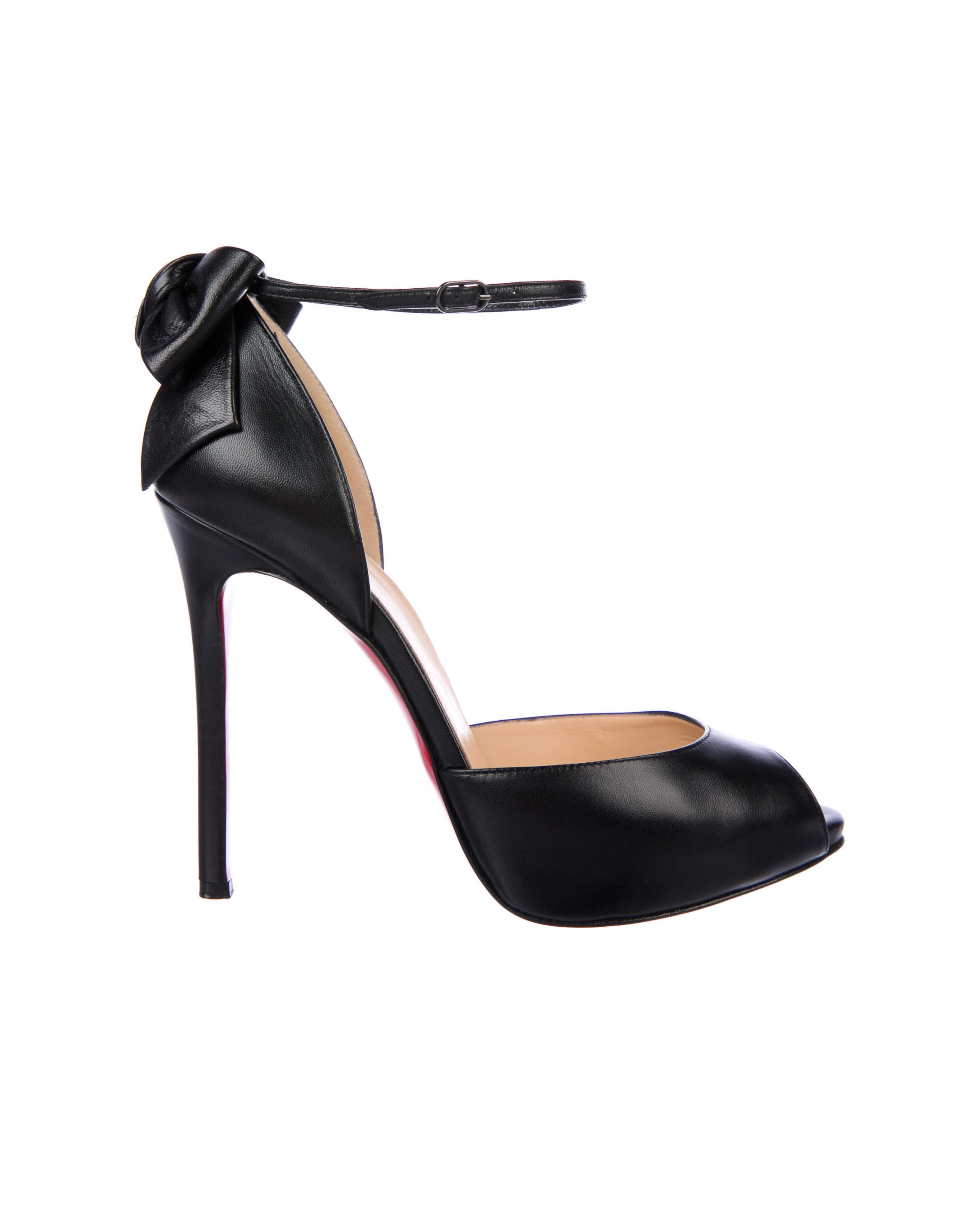 Black leather peep-toe platform pumps with bow detail and lace-up ankle straps — Christian Louboutin | Endless UAE