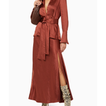 Rust satin blouse with plunging neckline and self-tie belt worn with matching maxi skirt and snakeskin boots — Significant Other | Endless UAE