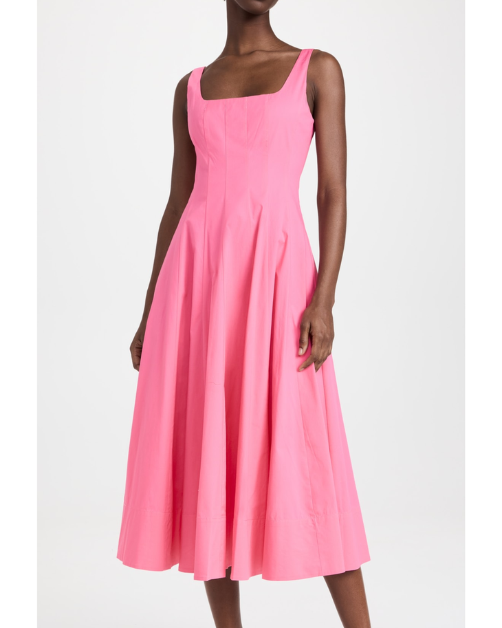 Pink sleeveless midi dress with square neckline and full skirt — Staud | Endless UAE