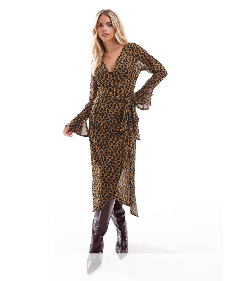 Woman wearing leopard print wrap midaxi dress with flared sleeves and burgundy boots — Never Fully Dressed | Endless UAE