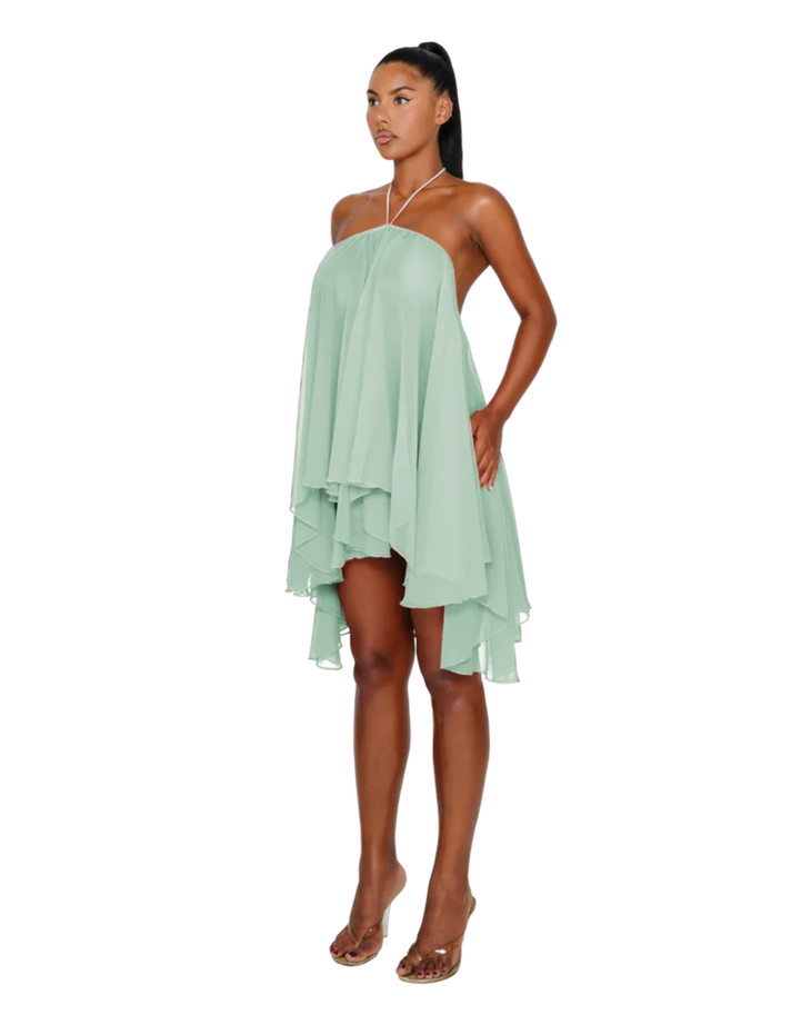 Halter neck flowy mint green dress with asymmetrical hemline — Coucoo | Endless UAE