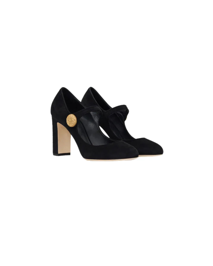 Black suede Mary Jane pump with gold button detail and chunky heel — Dolce & Gabbana | Endless UAE