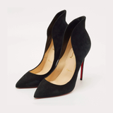 Black suede pointed-toe pumps with cream insoles and tan leather interior — Endless | Endless UAE