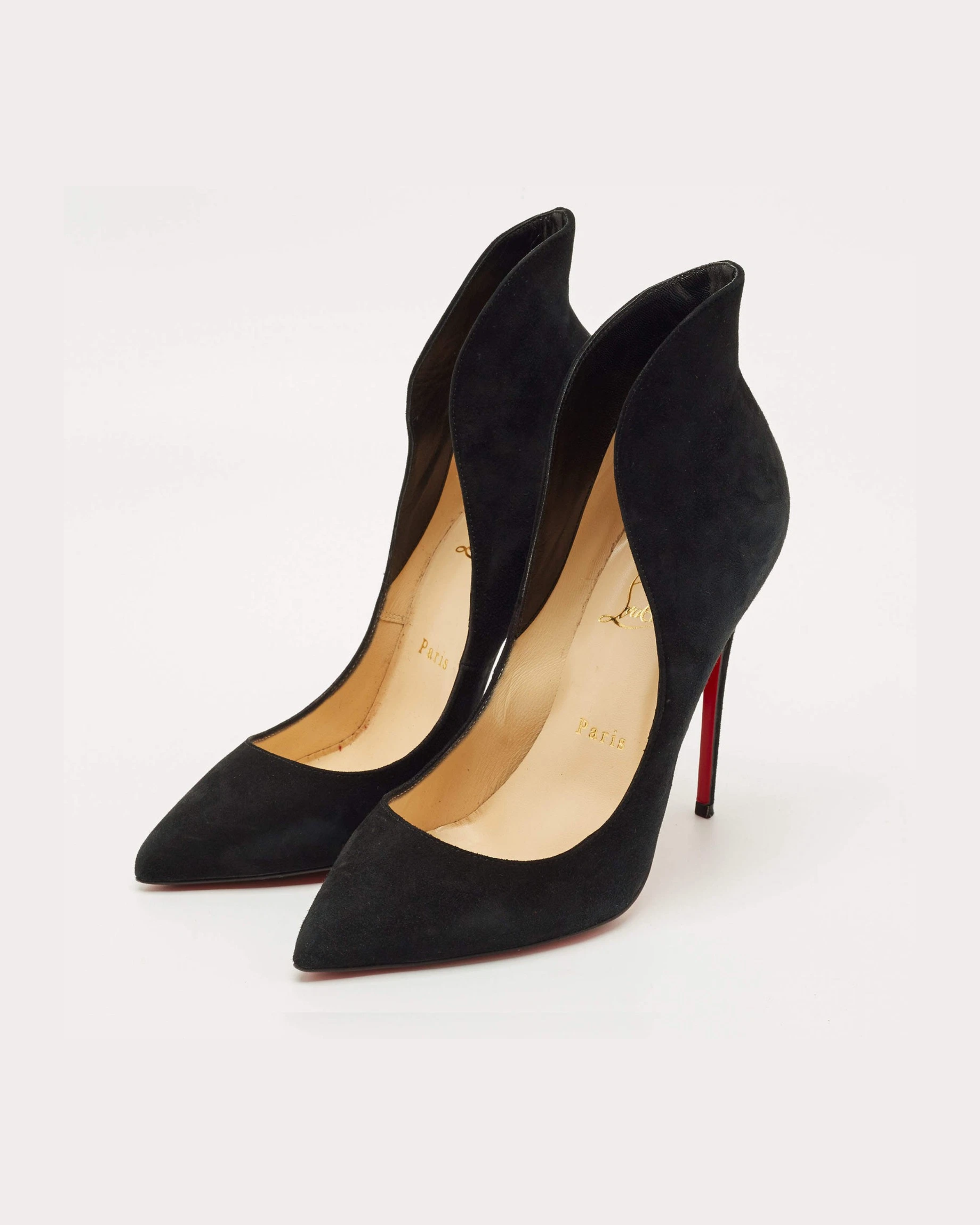 Black suede pointed-toe pumps with cream insoles and tan leather interior — Endless | Endless UAE