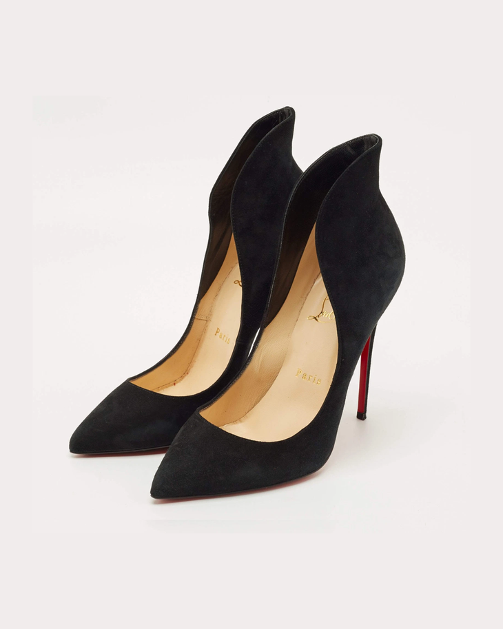 Black suede pointed-toe pumps with cream insoles and tan leather interior — Endless | Endless UAE