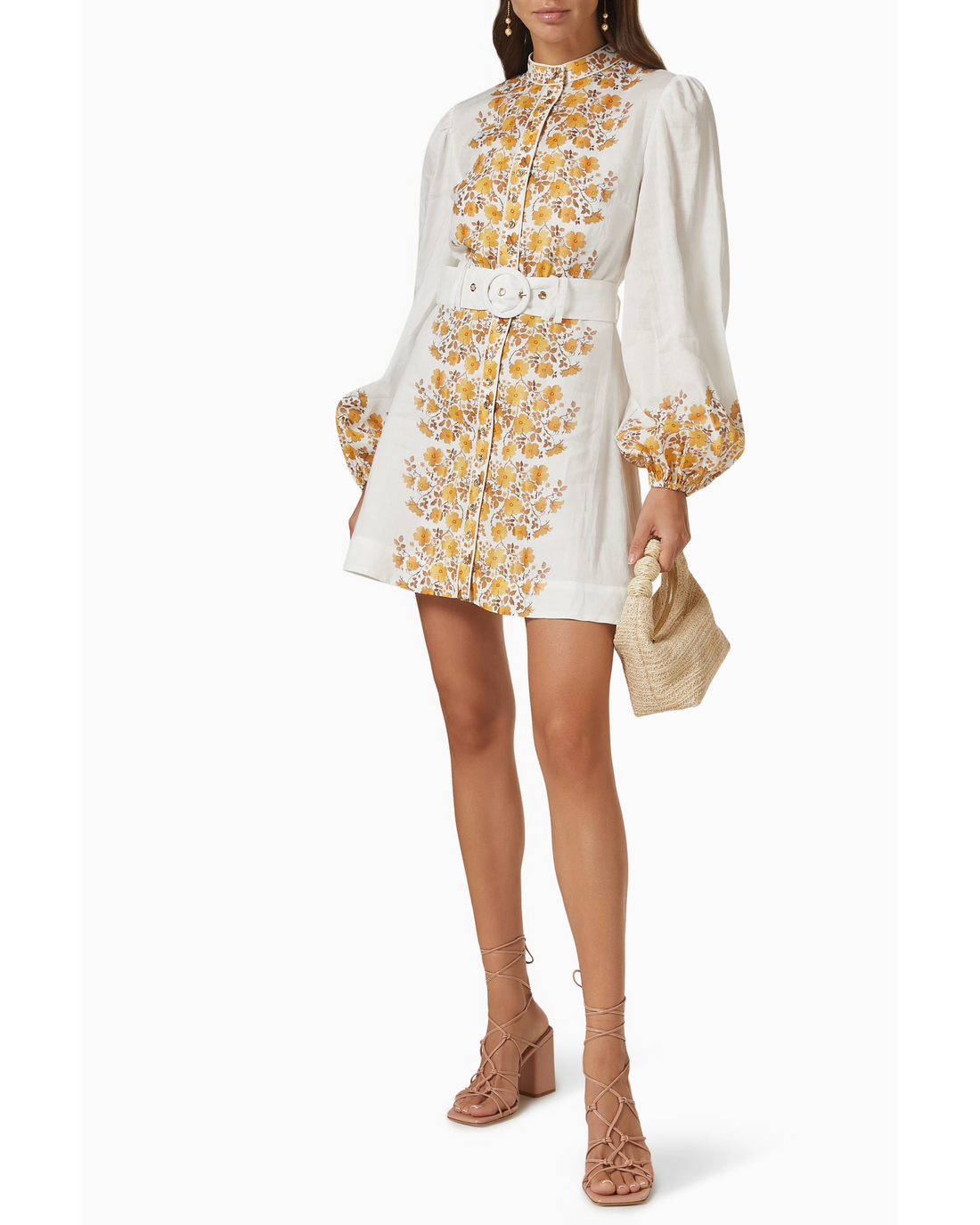 Meadow Long Sleeve Mini Dress in cream with yellow floral print and white belt — Keepsake The Label | Endless UAE