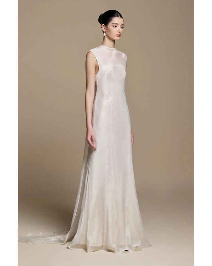 Merrily Dress in ivory crepe with sleeveless design and flowing train — Huong Boutique | Endless UAE