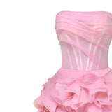 Strapless pink maxi dress with draped bodice and cascading rose appliques on skirt — Milla | Endless UAE